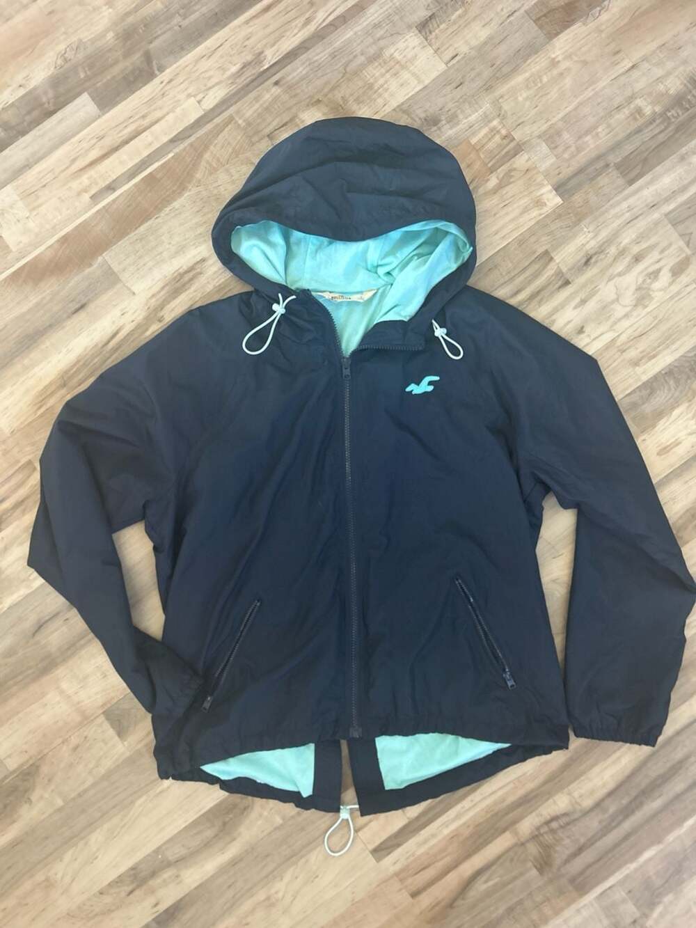 Hollister Navy Blue Hooded Windbreaker Jacket with Mint Lining Size L